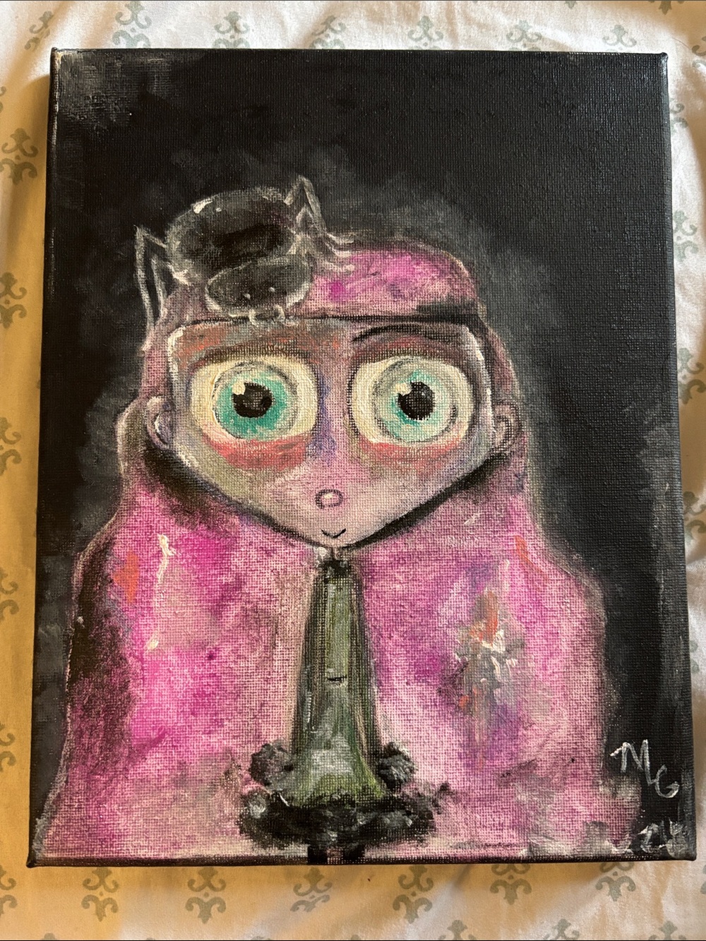 Original Art -Whimsical Girl with Cat Canvas Art - Pink & Black